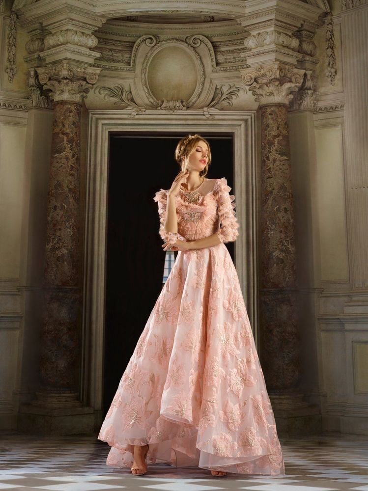 Elegant Blush Lace Applique Prom Dress with Plunging V-Neck FD3468 –  Viniodress